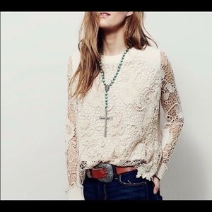 Free People | Champagne Lace Overlay Sweater | Size Large